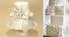 three different wedding cakes with white flowers on top and one is decorated with baby's breath