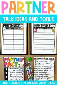 two posters with the words partner, talk ideas and tools