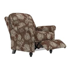 a brown and white patterned reclining chair