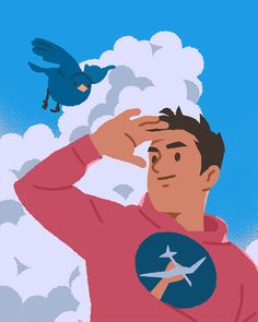 a man in a red shirt is holding his hand up to his head with a bird flying above him