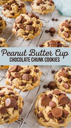 peanut butter cup chocolate chunk cookies on a cooling rack