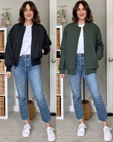 Bomer Outfits Women, Thrift Outfit, Jacket Outfit Women, Jacket Ideas, Blue Jean Outfits, Jeans Outfit Women, Winter Capsule, Pants Outfit Casual, Outfits 2023