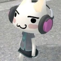 a cartoon cat with headphones on walking down the street in front of a building