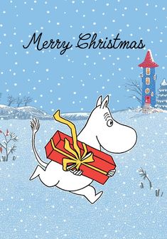 a merry christmas card with a cartoon dog carrying a gift box in the snow,