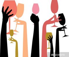 the silhouettes of people holding wine glasses in different colors and styles, all with hands reaching for each other