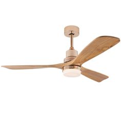 a ceiling fan with wooden blades and a light fixture on the top of it, against a white background