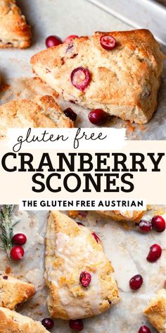 gluten free cranberry scones on a baking sheet with text overlay