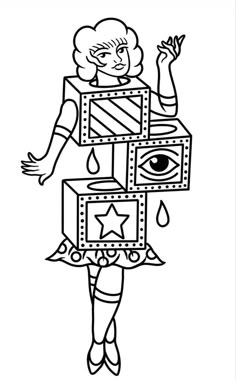 a woman carrying boxes with an eye on top and stars around her head, in black and white