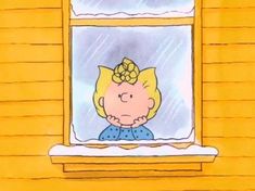 a drawing of a girl looking out the window at snow falling down on her head