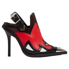 Versace FW19 Runway Black & Red Leather V-western Slingback Boot / Pump These Versace heels embrace a chic western vibe. Called the V-Western sling back pumps, it is enriched with western-style stitching and palladium-tone toe accent embellished with a Medusa head. It has a sling back design with an adjustable buckle and leather soles with rubber insets. Brand new. Made in Italy. Size: 40 (IT) Western Leather Mules With Pointed Toe, Western Style Leather Mules With Pointed Toe, Western Style Leather Heels With Pointed Toe, Leather Mules With Red Sole And Pointed Toe, Leather Pointed Toe Mules With Red Sole, Western Style Pointed Toe Summer Heels, Summer Western Pointed Toe Heels, Western High Heel Formal Heels, Western Style High Heel Formal Heels