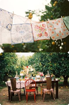 an outdoor dining area with chairs, table and cloths hanging from the clothes line