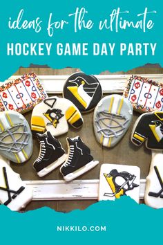 hockey game day party with cookies and cupcakes in the shape of ice skates