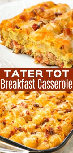 tater tot breakfast casserole on a white plate with text overlay