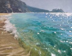 an oil painting of the ocean and beach