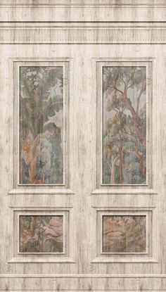 three paintings on the side of a building with trees and animals in them, all painted different colors