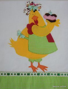 a yellow chicken is standing on a green and white checkered tablecloth with flowers in her hair