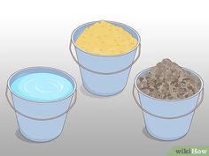 three buckets filled with different types of blue and yellow liquid next to each other