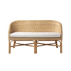 a wicker bench with white cushions on it's back end and seat cushion