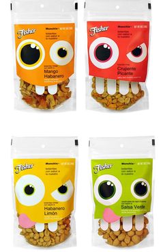 four bags of food with eyes and noses on them, each bag contains peanuts in the shape of a monster's head