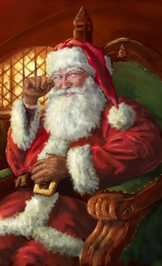 a painting of santa claus sitting in a chair with his hand up to his mouth