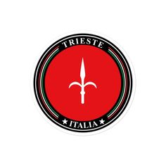 a red and black sticker with the words treste italia in white on it