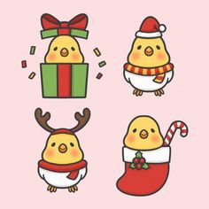 christmas chicks with gifts and candy canes in their hands, on a pink background