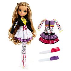 a doll with long blonde hair and dress next to markers on the ground, including marker pens