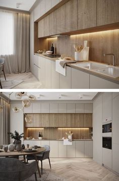 two pictures of the same kitchen and dining room, one with wood paneling on the walls