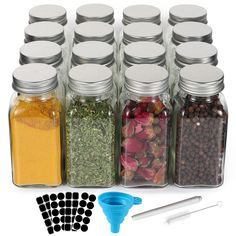 PRICES MAY VARY. Package Includes: 16pcs 6oz square glass spice jars with lids,80 blank black labels,1 silicone collapsible funnel,1 chalk marker and 1 brush.(Note:The color of funnel is random.) Spice Shaker Bottles Diameter x Height: Approximately 2.1” x 4.7”. Capacity: 6 fluid ounce/180ml.They are well wrapped with bubble wrap to reduce the damage of the jars. Made of high-quality durable glass with anti-deformation tinplate metal caps which can withstand high and low temperatures. The snap-o Square Glass Jars, Spice Organization Drawer, Storing Spices, Herb Containers, Diy Spices, Chalk Marker, Spice Drawer, Spice Shaker, Glass Spice Jars