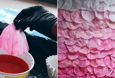 two pictures one with pink tissue paper and the other with red liquid in a cup