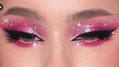 Pink Make Up With Rhinestones, Pink Makeup Looks Rhinestones, Makeup Looks Halloween Scary, Eye Makeup Pink Glitter, Candy Themed Makeup Looks, Pink Aesthetic Makeup Looks, Glitter Make-up, Crazy Pink Makeup, Pink Makeup Looks Glitter