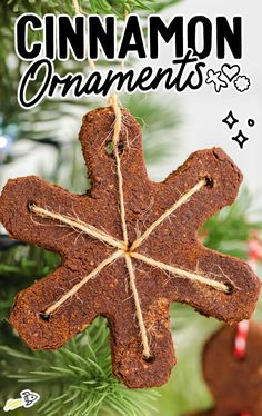 cinnamon ornament hanging from a christmas tree with the words cinnamon ornaments on it