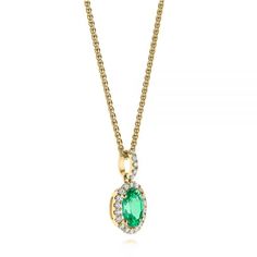 106536 14k Yellow Gold Pendant   Emerald - .74 ctw   Diamonds - .22 ctw   Clarity: SI - Color: H-I   18'' Chain. This gorgeous pendant features at its center a .74 ctw oval emerald. It can be matched with these Oval Emerald and Diamond Earrings and worn as a set. This piece would make the perfect gift to honor a special bond in your life, or even treat yourself to it. You can always personalize any item, request customization or start your own project. Design Your Own Pendant   Whether you choos Oval Diamond Necklace With Halo Setting, Oval Yellow Gold Diamond Necklace With Gemstone, Oval Yellow Gold Necklace With Halo Setting, Classic Oval Diamond Necklace With Halo Setting, Classic Oval Necklace With Pave Setting, Classic Oval Necklace With Halo Design, Oval Halo Yellow Gold Necklace, Emerald And Diamond Earrings, Halo Pendant