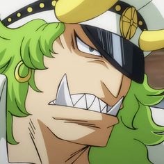 an anime character with green hair and sunglasses