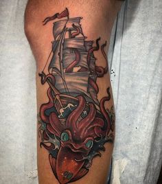 Sobriety and Recovery Tattoo: Navigating Life's Storm with Symbolic Ship Traditional Ocean Tattoo, Ship Tattoo Ideas, Viking Ship Tattoo, Ship Tattoo Sleeves, Traditional Ship Tattoo, Pirate Ship Tattoos, Leg Tats