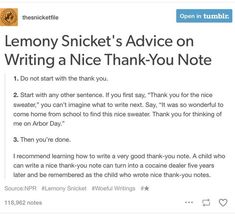 the twitter post about lemony snickt's advice on writing a nice thank - you note