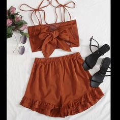 Never Used Brown Beachwear Sets For Spring, Brown Beach Sets For Spring, Brown Spring Beach Sets, Shirred Crop Top, Shein Pants, Two Piece Set, Two Piece Sets, Shorts Set, Amazing Products