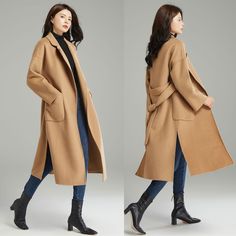 "This elegant brown coat features a classic wrap, belted waist and full length sleeves. The perfect drape for a relaxed style that's easy to style. ★★ FEATURES More color: https://etsy.me/3wsq0Kk 50% wool, 50% fiber, nylon Two side pockets Belt closure Lapel collar Long sleeve Side split Belted wool coat Long wool coat Casual wool coat Perfect for winter, autumn Dry clean ★★Mode size Height 170cm (5′ 7″) Bust 84 cm (33\") Waist 66 cm (26\") She wears size XS. ★★ Custom order selection, Will char Belted Wool Coat, Wool Wrap Coat, Long Wool Coat, Wool Wrap, Wrap Coat, Brown Coat, Light Sweater, Fabric Belt, Warm Coat