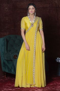 Buy Nidhika Shekhar Yellow Crepe Embroidered Silk Anarkali Online | Aza Fashions Haldi Outfits, Silk Anarkali, Anarkali Dress Pattern, Draping Fashion, Indian Party, Indian Party Wear, Indian Gowns Dresses, Indian Gowns, Beautiful Dress Designs