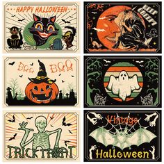 four different halloween cards with pumpkins, ghostes and cats on them in various colors