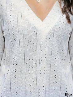 Bjux - Enhance Your Wardrobe with a Professional Outlook: Womens Plus Size Solid Eyelet Embroidery Long Sleeve V Neck Tunic T-shirt with Slight Stretch Summer V-neck Blouse With Chikankari Embroidery, White V-neck Blouse With Chikankari Embroidery, Spring V-neck Chikankari Embroidered Top, Spring Long Sleeve Tops With Chikankari Embroidery, White V-neck Shirt With Floral Embroidery, Cotton V-neck Top With Chikankari Embroidery, Cotton V-neck Blouse With Chikankari Embroidery, Cotton Chikankari Embroidered V-neck Top, Casual Cutwork Tops For Summer