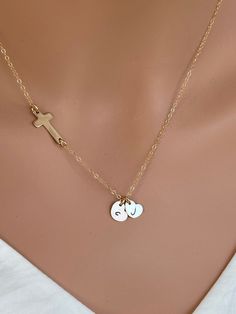 "14k gold fill Initial Sideways Cross Necklace/Sideways Cross Necklace. God Blessed You It could be sterling silver as well from \" Metal and Initial \"drop down box. The cross symbolizes strong believed and relationship with friend, family and couples, This necklace perfect gift for friends, wife, sister, mother, father. All metal components are 14k Gold Fill ( not gold plated ) suitable for sensitive skin. It could be sterling silver as well. It consists of -9.3x16.9 mm 14k Gold Fill ( not gol 14k Gold Filled Cross Jewelry Gift, 14k Gold White Cross Necklace As Gift, White 14k Gold Cross Necklace Gift, White 14k Gold Cross Necklace As Gift, Personalized Cross Pendant Jewelry For Mother's Day, White Cross Jewelry For Personalized Gift, White Cross-shaped Jewelry For Personalized Gift, Personalized Cross Necklace In Gold, Personalized Gold Cross Jewelry