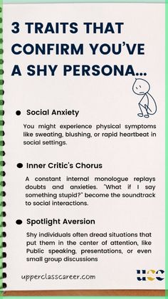 If you have one of these 3 traits, you know that you have a shy persona. By acknowledging your shyness and its triggers, you take the first step towards reclaiming your voice and confidently engaging with the world!\n\n- Personal development | Personality types | Introverts | Social skills | Self-improvement tips | Communication skills | Personality quizzes | Infp | Infj | Career success Infp Infj, Internal Monologue, Inner Critic, Love Post, Personality Quizzes, Career Success, Human Behavior, Public Speaking, Social Interaction