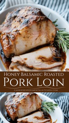 honey balsamic roasted pork loin on a white plate