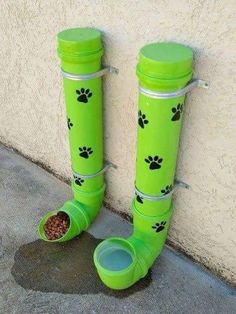 a pair of green rain boots with paw prints on them and a dog food dish in the bottom