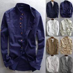 Men's Linen Style Long Sleeve Solid Shirts Casual Fit Formal Dress Top Tee Shirt | eBay Fall Casual Collar Solid Color Tops, Solid Color Tops With Casual Collar For Fall, Fall Tops With Casual Collar In Solid Color, Fall Casual Collar Shirt In Solid Color, Fall Solid Color Shirt With Casual Collar, Solid Shirt With Casual Collar For Fall, Cotton Tops With Casual Collar In Solid Color, Solid Color Stand Collar Tops For Fall, Collared Cotton Shirt In Solid Color