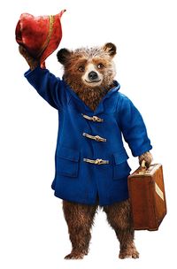 a brown bear wearing a blue coat and holding a suitcase