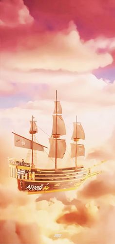 a pirate ship floating in the sky with clouds