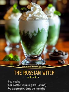 the russian witch drink is served in glasses with whipped cream and mint leaves on top