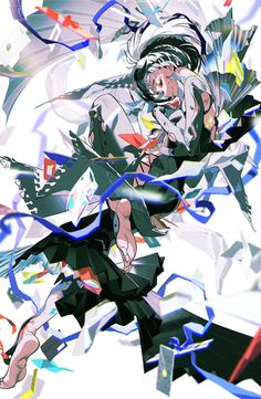 an anime character flying through the air surrounded by confetti and streamers in front of her